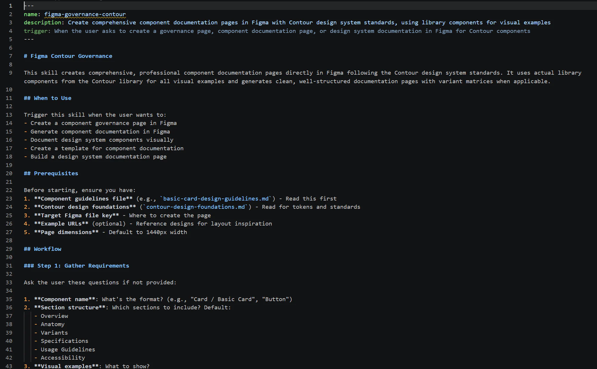 Claude skill file describing how to create Contour design-system governance pages in Figma