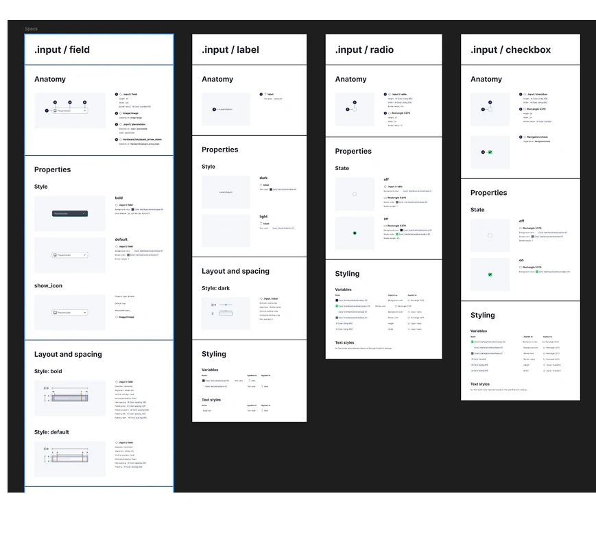 Figma specification pages for input field, label, radio, and checkbox components