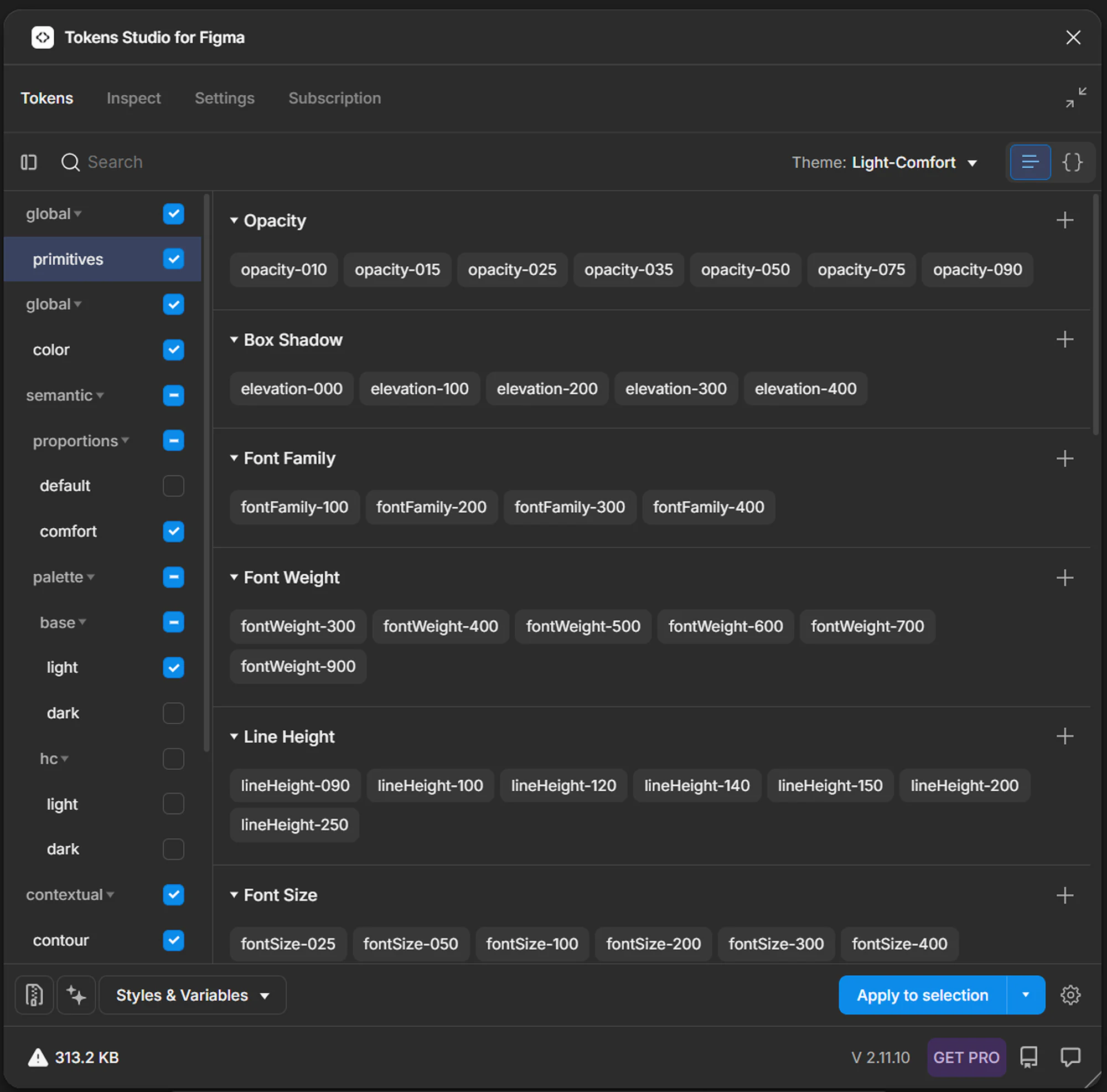 Tokens Studio showing primitive, semantic, contextual, and theme token groups