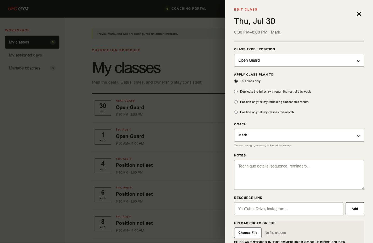 UFC Gym coach class planning workspace